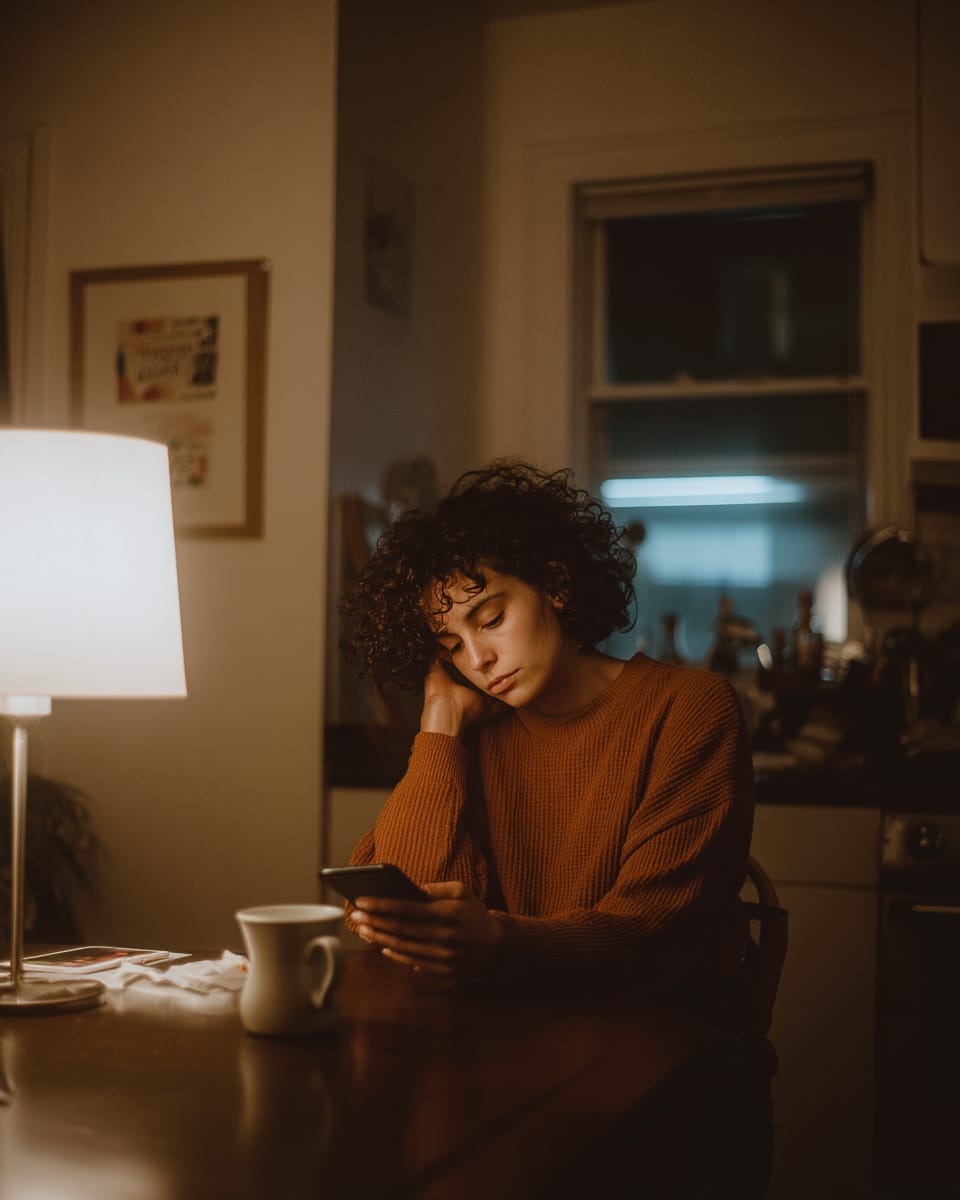 Una mujer en la mesa de su cocina, de noche, leyendo su teléfono
